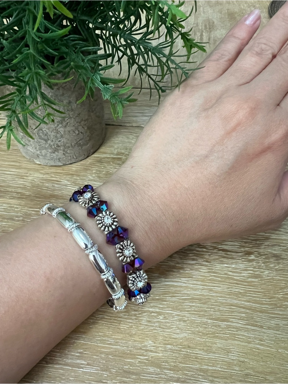 Silver & Iridescent Purple Floral Bead Bracelet - Women Jewelry